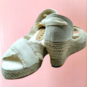 Ladies tan platform wedge heeled sandals casual tie around ankle